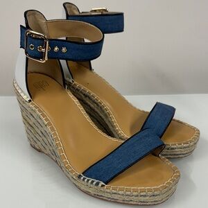CAbi Blue Parker espadrille Denim Wedge Sandals 7